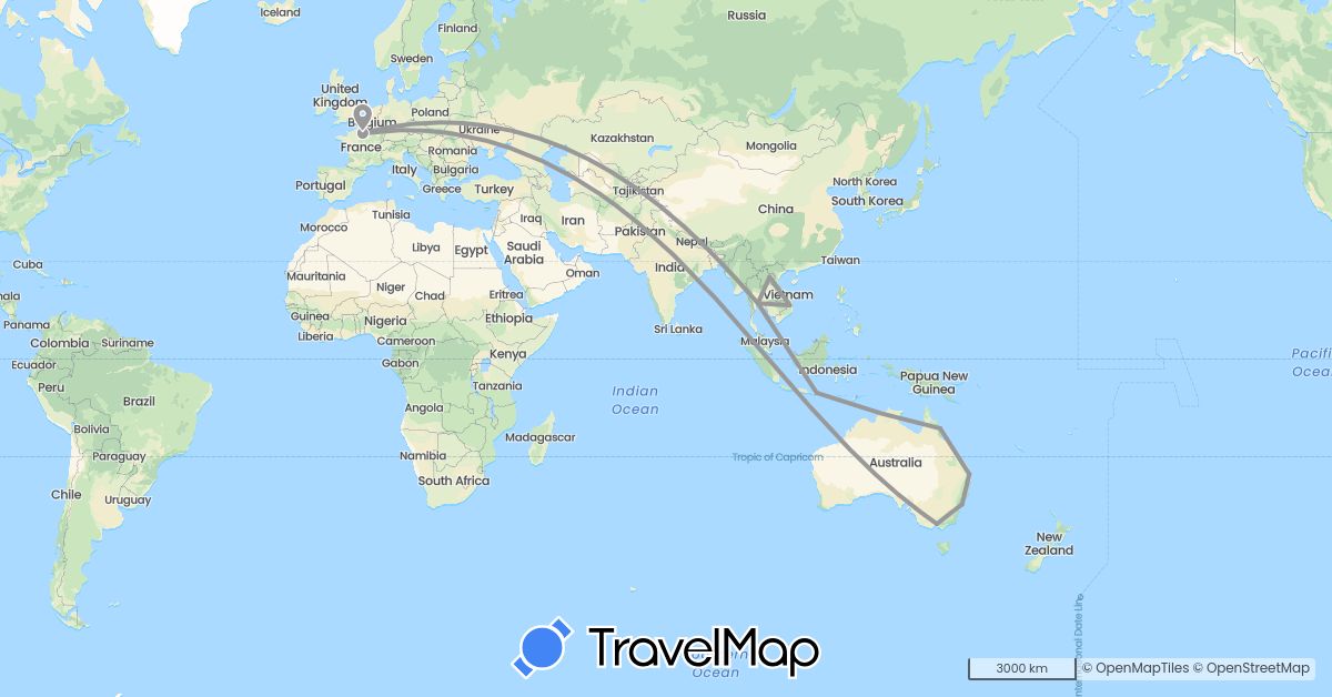 TravelMap itinerary: driving, plane in Australia, France, Indonesia, Laos, Thailand, Vietnam (Asia, Europe, Oceania)